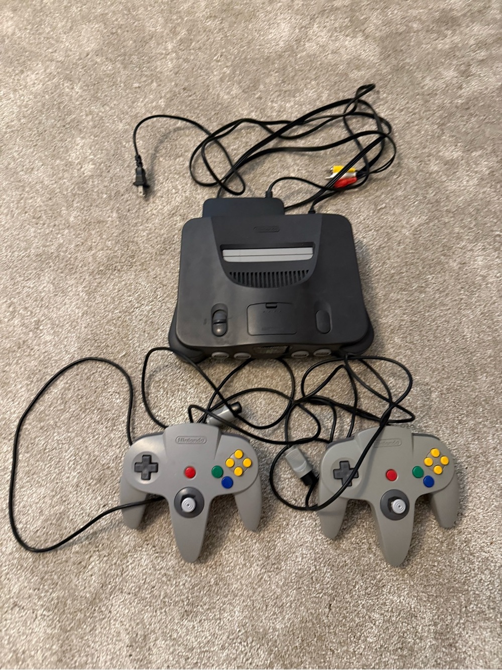 Nintendo 64 Console with Two Gray Controllers and jumper pack